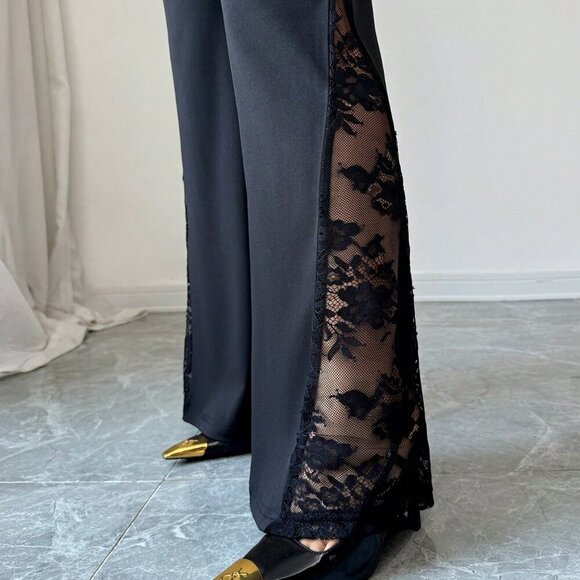 Black Casual Women's Single-Breasted Lace Patchwork Blazer & Pants Suit Set - Picture 7 of 8